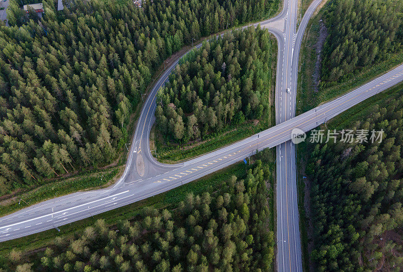 田园诗般的蜿蜒道路穿过芬兰的翠绿松林