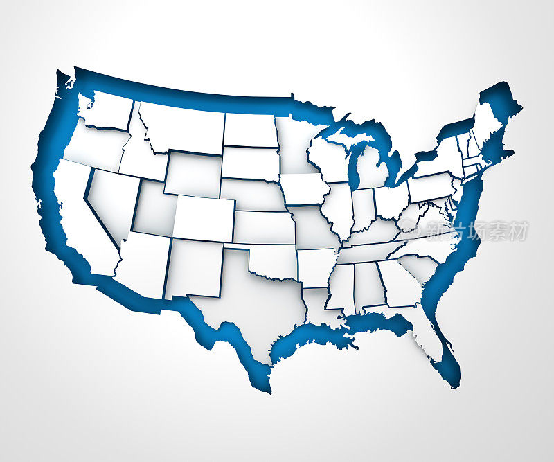 美国纸质地图与单独的州，3d渲染