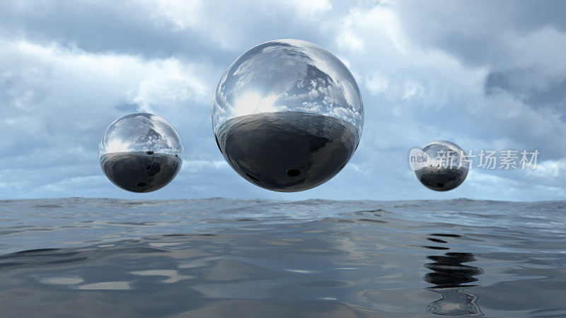三维渲染抽象的液体透明球体在水上