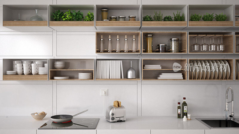斯堪的纳维亚白色厨房，搁架系统，简约的室内设计