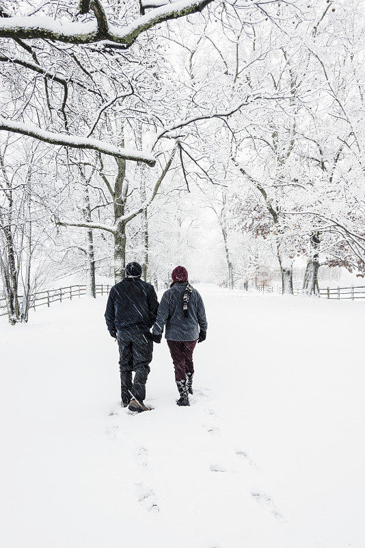 一对成熟的夫妇走在乡间的雪地上