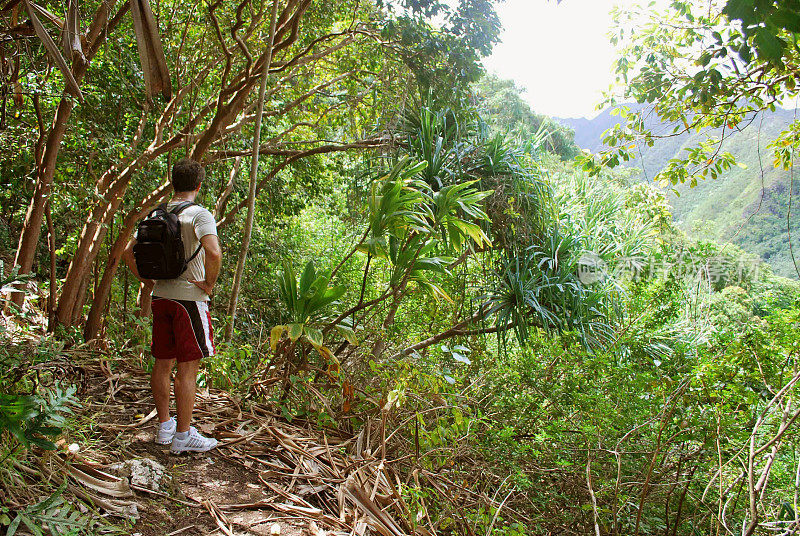 在夏威夷群岛徒步旅行的男子