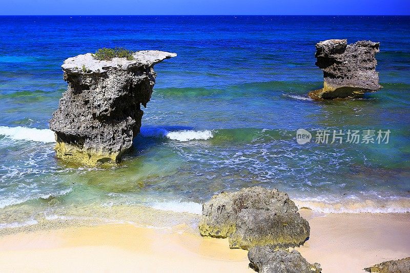 在墨西哥加勒比海的坎昆，田园诗般的荒凉的绿松石海滩和珊瑚礁