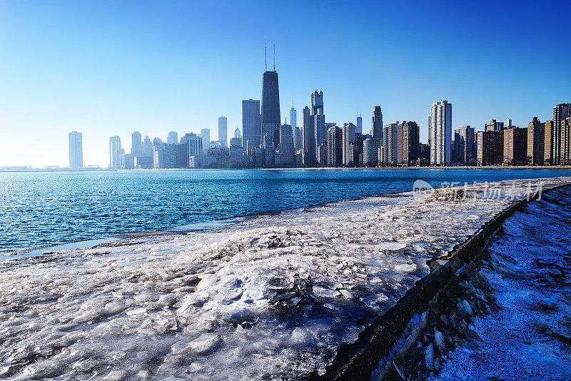 密歇根湖和芝加哥天际线上的结冰钓鱼码头