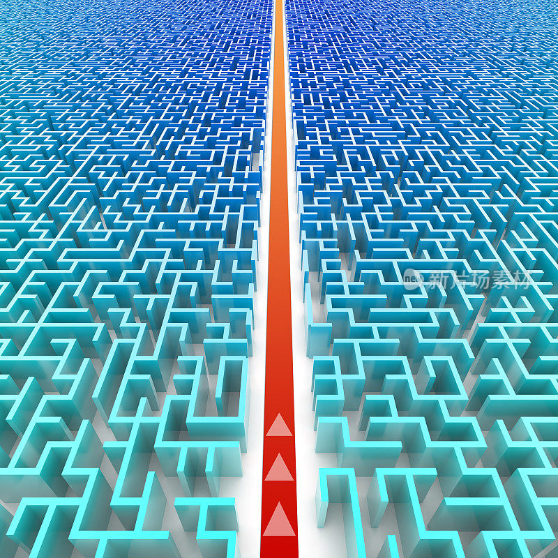 一条红线穿过一个蓝色的三维迷宫