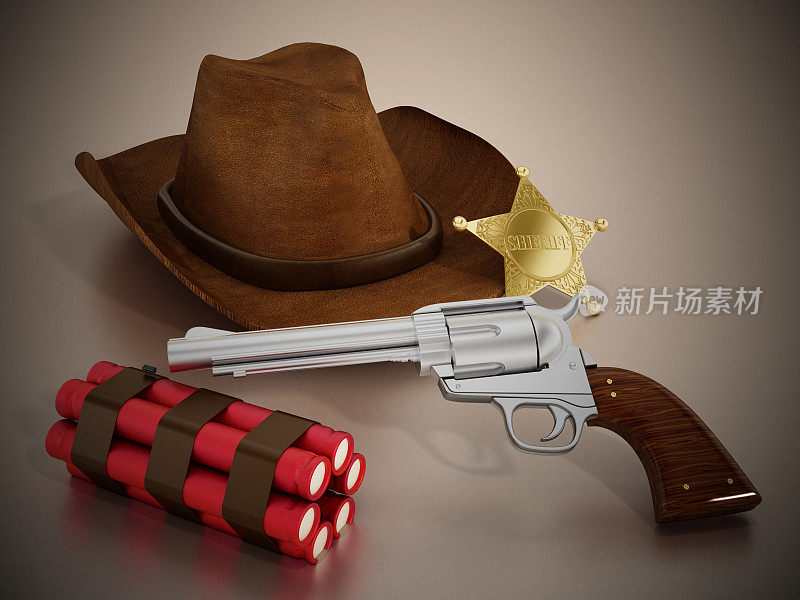 警徽，牛仔帽，左轮手枪和炸药