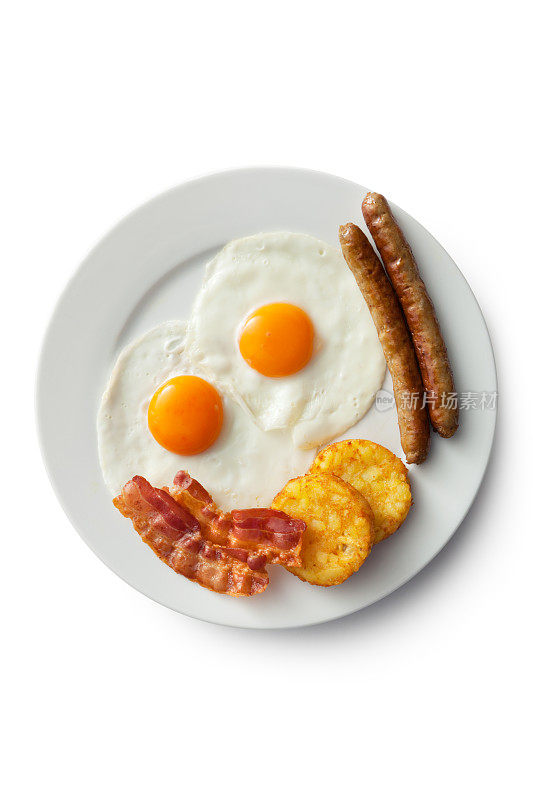 鸡蛋:煎蛋，熏肉，香肠和土豆泥