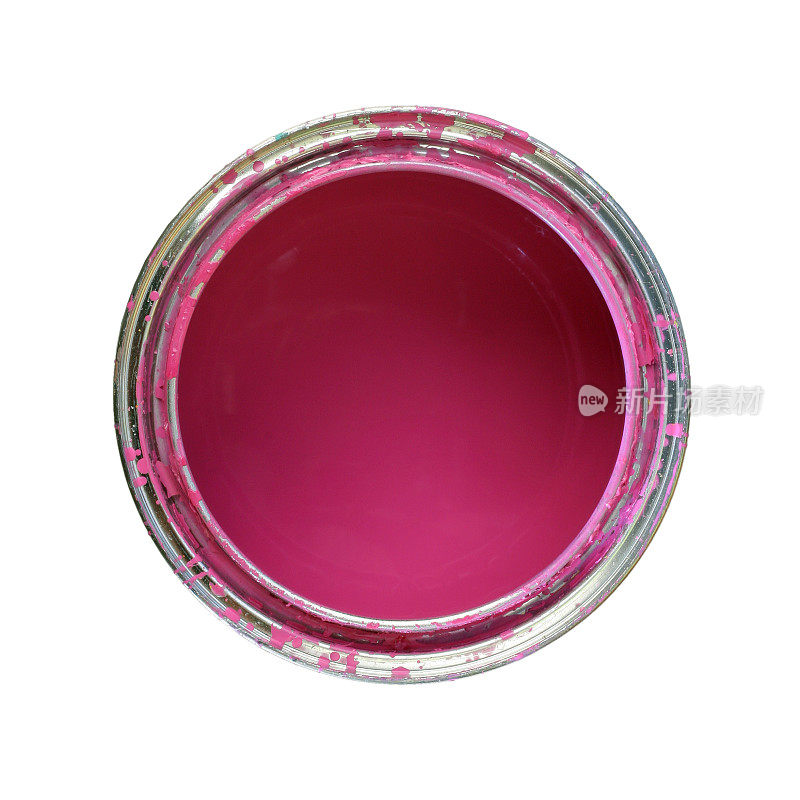 打开罐的视图与粉红色油漆，孤立在白色