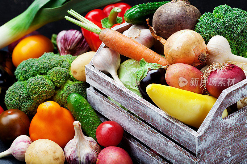 木箱装秋收农用蔬菜和根茎类作物。有机食品的背景。
