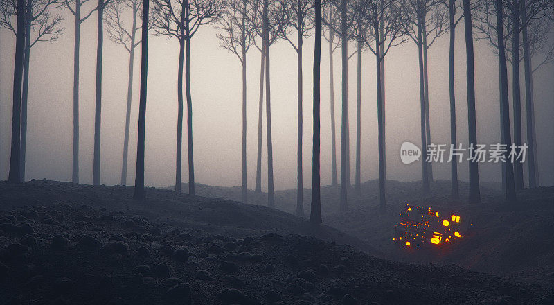 神秘发光的外星物体在夜晚的森林里