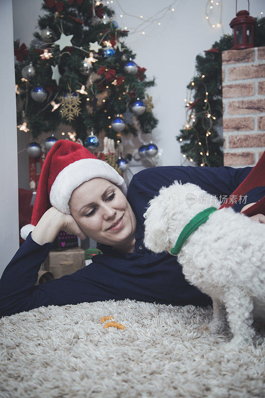 女人在圣诞老人的帽子和小有趣可爱的狗在圣诞节的背景