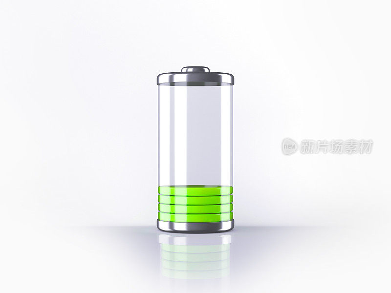 充电电池。较低的充电电池。电池充电状态指示灯。玻璃现实动力绿色电池插图上的白色
背景。