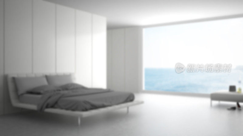 模糊的背景室内设计，简约的白色卧室与大的全景窗户