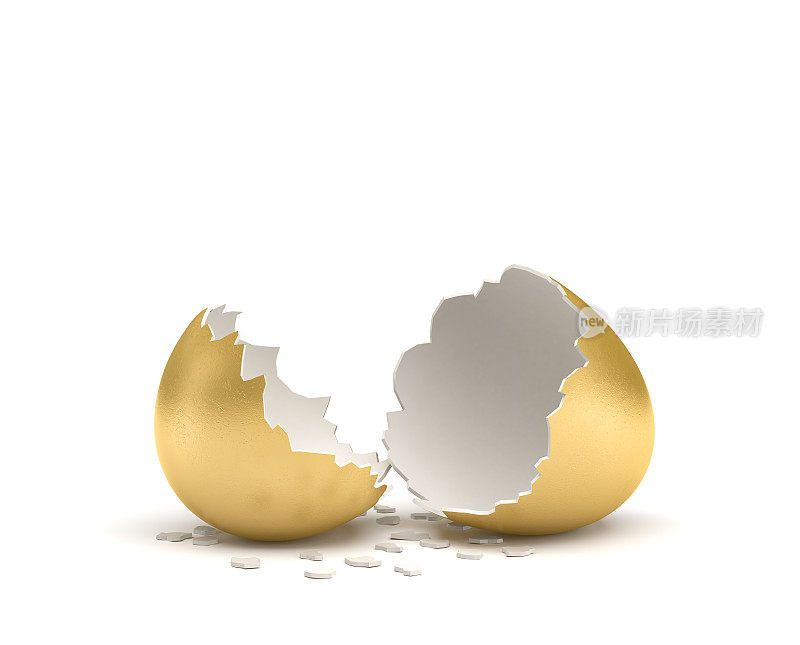 一个有裂缝的金蛋的3d渲染，它的两个部分并排躺在白色的背景上
