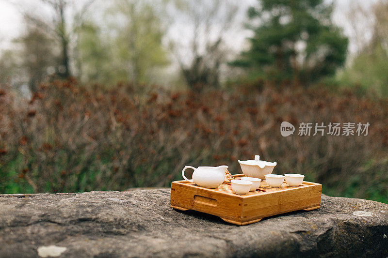 中国或日本白茶茶具茶道在绿色的花园。