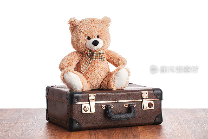 旧泰迪熊玩具坐在古董手提箱上。