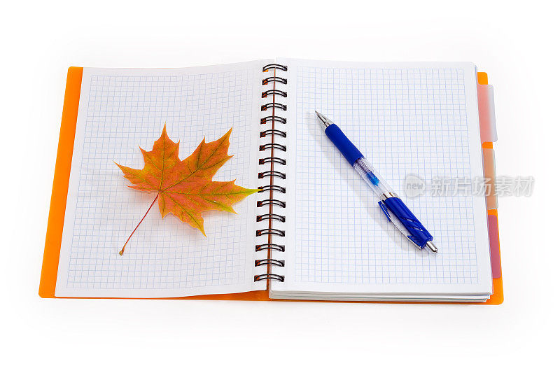 用钢笔和秋叶打开学校练习本