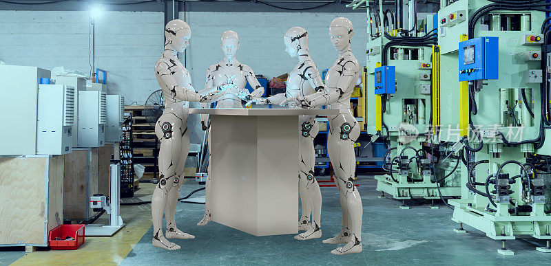 计算机辅助制造M2M自动化技术工业4.0,3D机器人在工厂工作，未来数字技术AI人工智能在工业工厂生产线的概念。