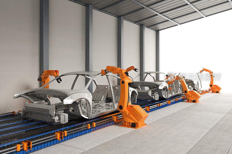 自动化汽车厂概念与机器人装配线在汽车厂