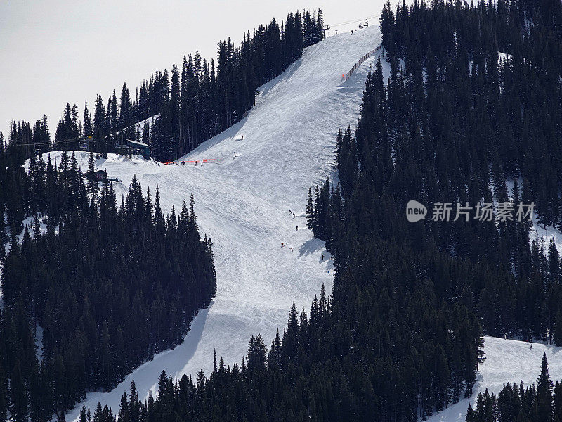 陡峭的mogul滑雪场和滑雪者的长焦视图。阿斯彭高地滑雪场。美国科罗拉多州的阿斯彭。