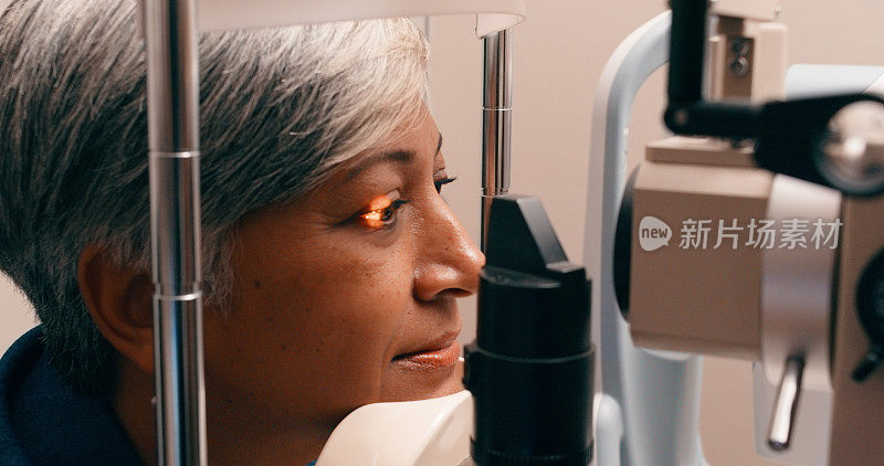 眼睛、保健和老年妇女在诊所接受视力、视力和裂隙灯检查。眼科检查和老年女性咨询验光师进行青光眼或视网膜检查