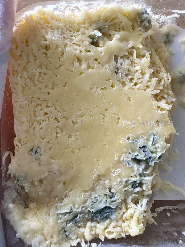 发霉的硬奶酪块，食物表面长着毛茸茸的白色和蓝色的霉菌，旧的、不新鲜的、过期的食物变质了，变质的、不健康的食物发霉了，乳制品腐烂了