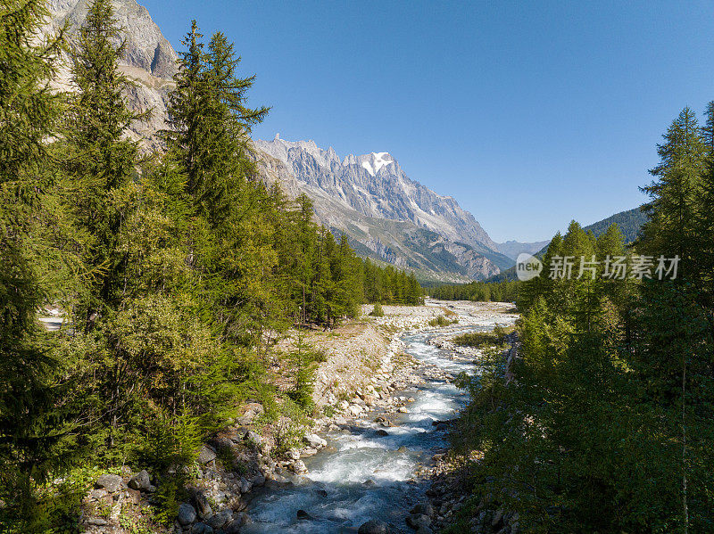 航拍欧洲一条冰川河流，河水从郁郁葱葱的山谷流下