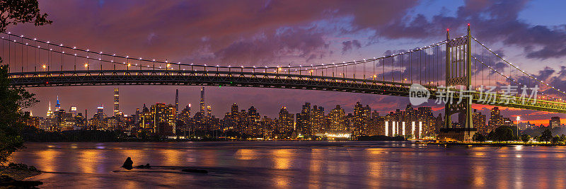 美国纽约，日落时分，纽约三区大桥和纽约市天际线与曼哈顿上东区的摩天大楼。