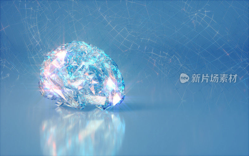 蓝线背景上的水晶玻璃人脑