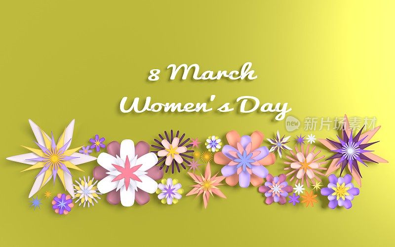 3月8日妇女节黄底彩花文字。