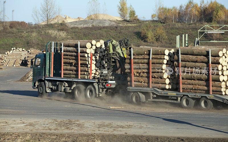 伐木卡车到达锯木厂
