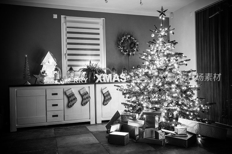 圣诞树和家里的装饰黑白相间