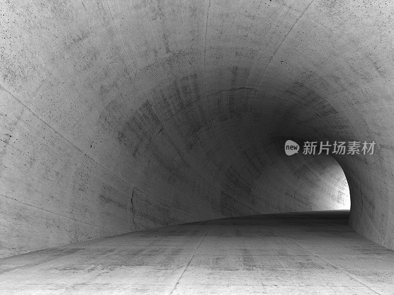 三维混凝土隧道内部灰色圆墙
