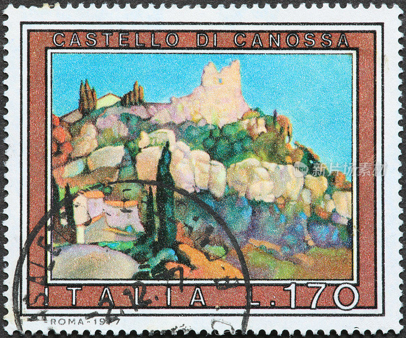 卡诺萨城堡在古老的意大利邮票上