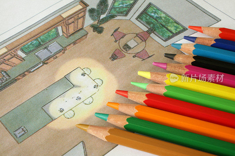 厨房设计和彩色铅笔