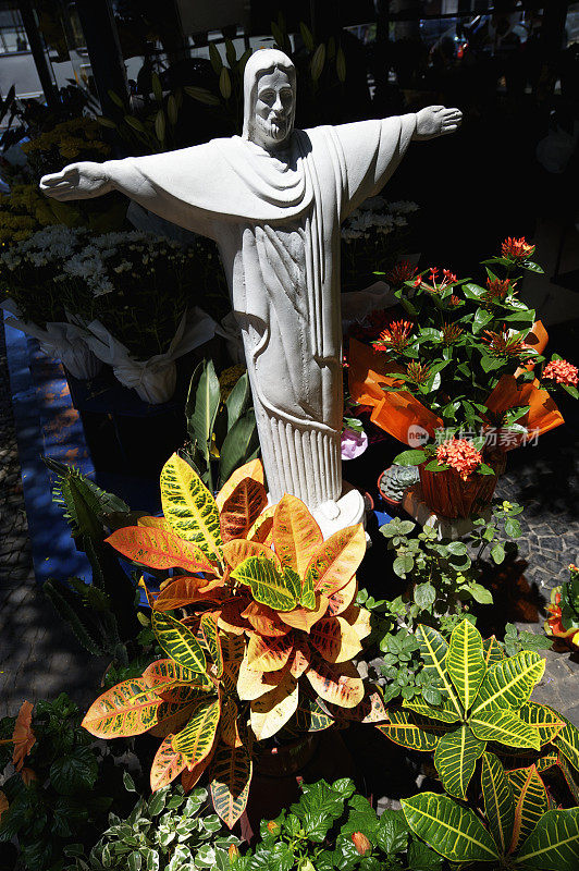 耶稣基督的雕像与手臂蔓延巴西花卉摊位