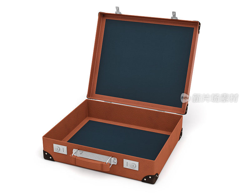 一个开放的棕色古董手提箱的3d渲染，里面什么都没有在白色的背景