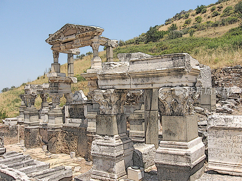 土耳其以弗所,。特瑞安的喷泉。著名的古希腊地标、历史文化纪念碑。彩色轮廓图的数字风格化