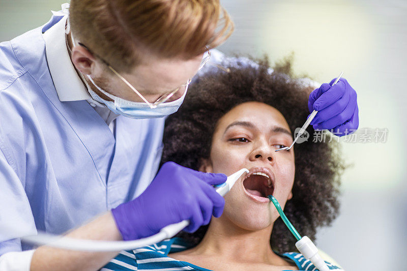 牙科检查。牙医使用口腔镜，冲洗注射器和唾液喷射器