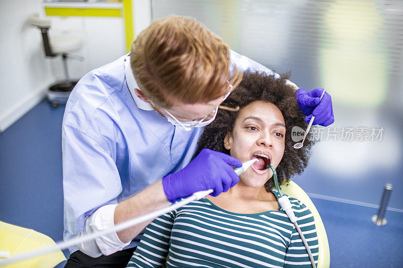 牙科医生在牙科检查时使用口腔镜、冲洗注射器和抽吸管