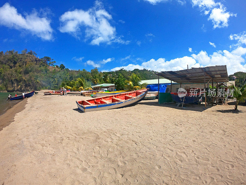 圣卢西亚海滩上的传统渔船
