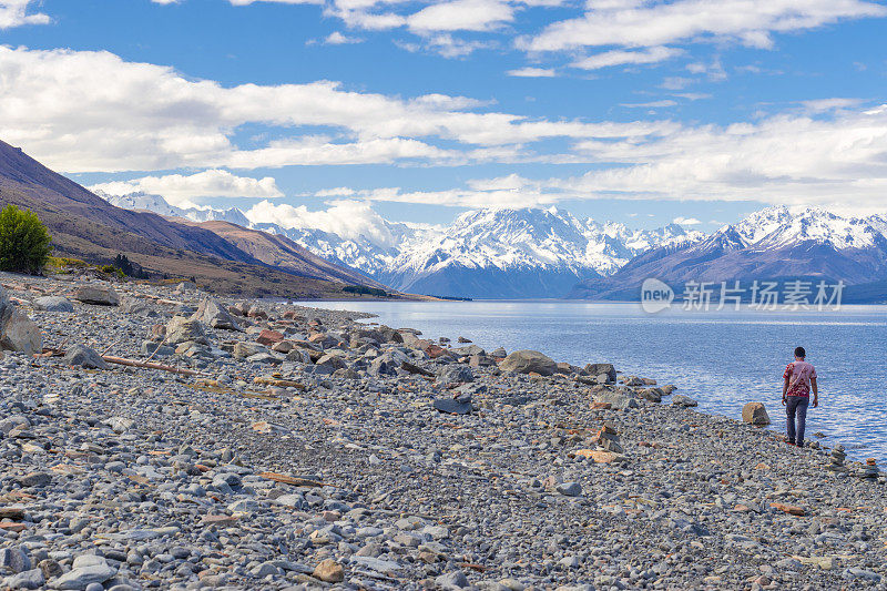 一位旅人在新西兰普卡基湖上享受宁静的风景