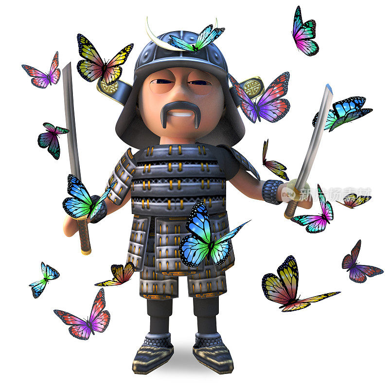 勇敢的日本武士武士武士武士武士武士武士武士包围美丽的蝴蝶，3d插图