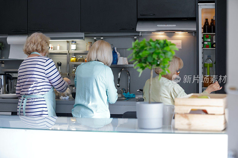 三个妇女在厨房柜台准备午餐