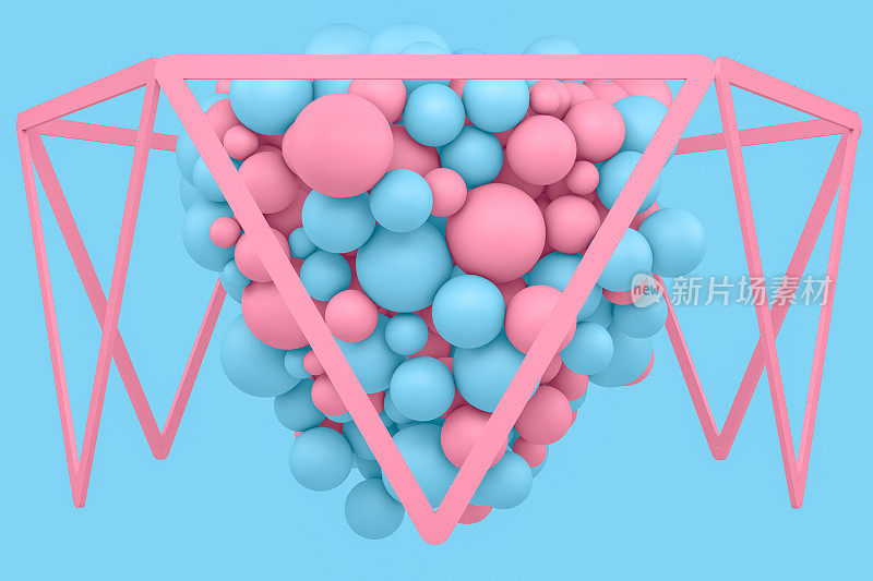 3D圆形框架与飞行的球在蓝色的背景