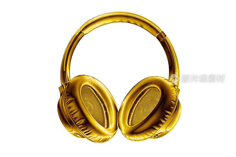金色闪亮的无线耳机，白色背景隔离近距离，豪华的金色金属蓝牙耳机，现代高端wi-fi黄色耳机，音频音乐符号，立体声音响电子标志