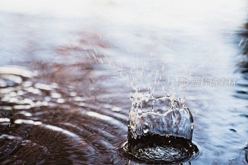 雨滴飞溅到水坑里