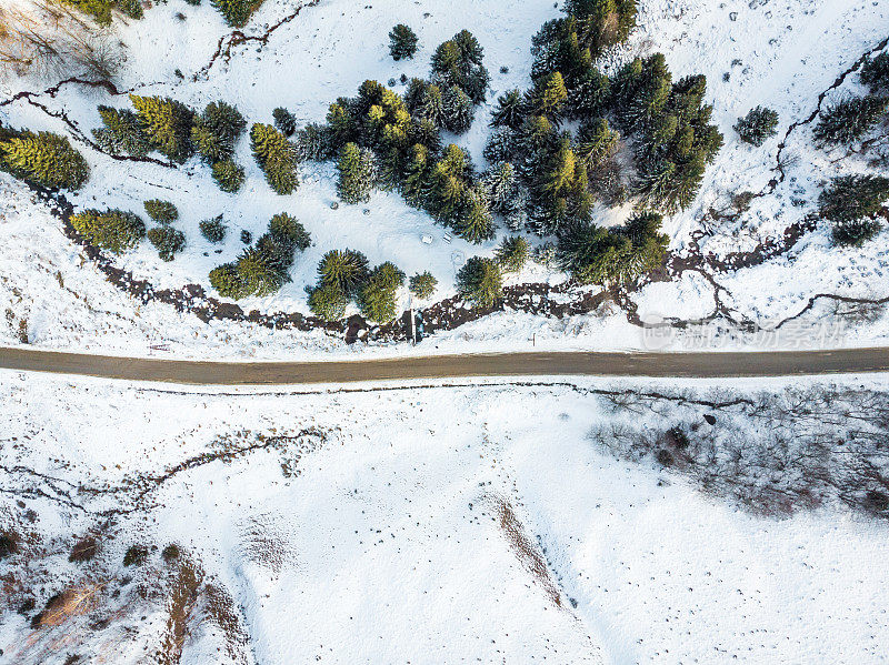 鸟瞰雪山中的荒野公路