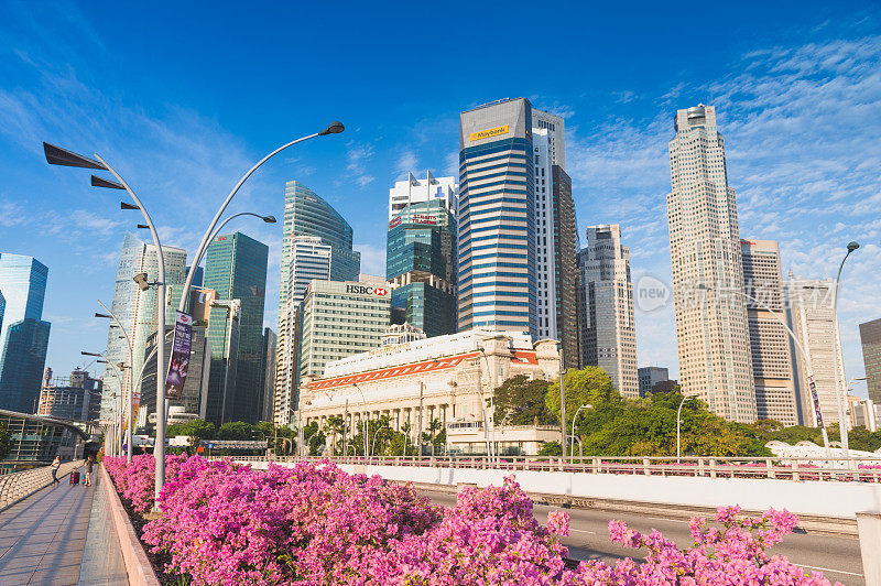 鱼尾狮雕像和滨海湾附近的新加坡城市景观，码头是经济的中心