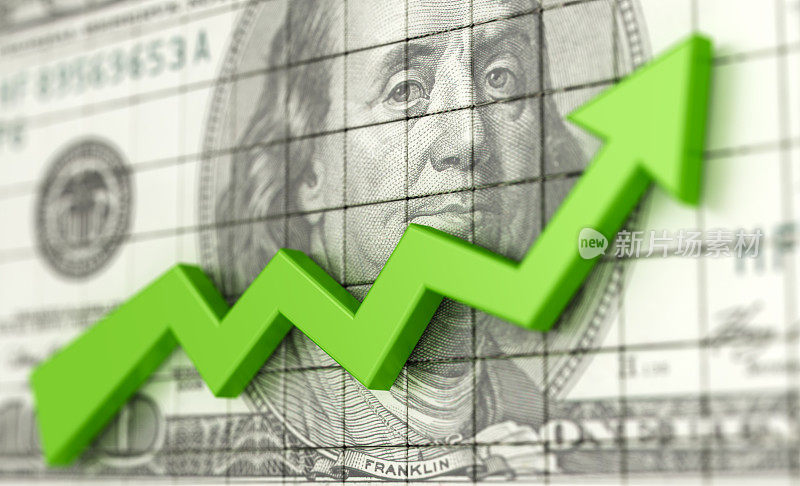 成功的商业图表与绿色箭头向上和美国美元的背景。利润和金钱。财务和商业图表。股市增长3d插图。